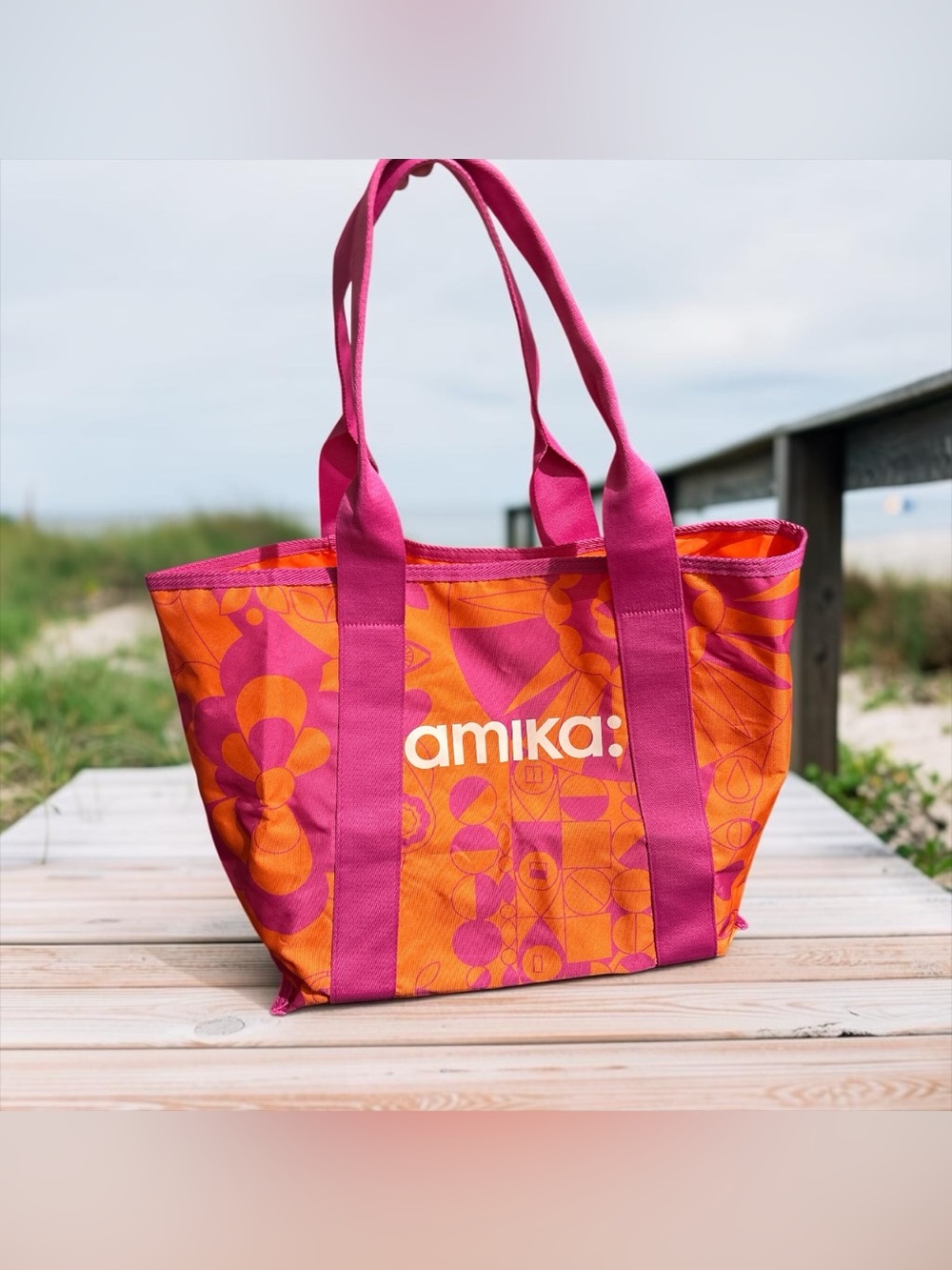 NEW Amika Signature Print Tote Bag Large Orange Pink Floral Utility Beach Travel